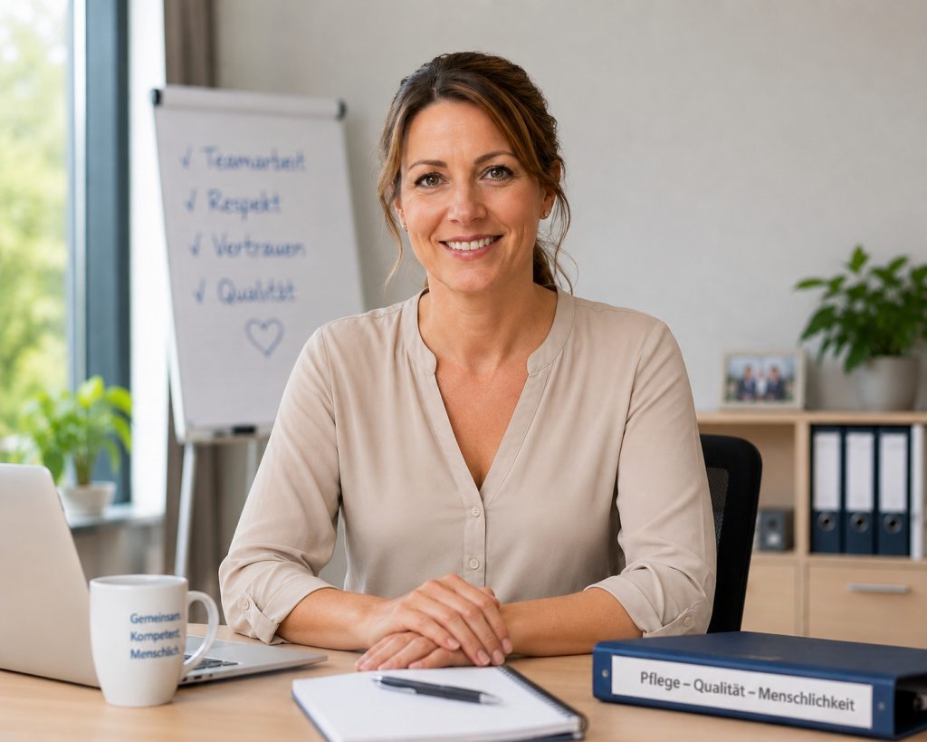 Frau sitzt lächelnd an einem Schreibtisch in einem Büro. Im Hintergrund steht ein Flipchart mit den Begriffen Teamarbeit, Respekt, Vertrauen und Qualität.