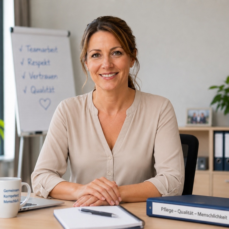 Frau sitzt lächelnd an einem Schreibtisch in einem Büro. Im Hintergrund steht ein Flipchart mit den Begriffen Teamarbeit, Respekt, Vertrauen und Qualität.